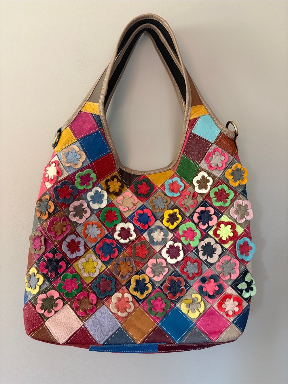 Leather Multicolor Patchwork Floral Hobo Handbag Purse Shoulder Bag Tote